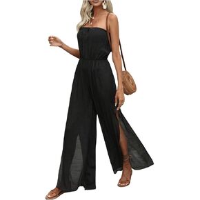 MakeMeChic Women's Strapless Bandeau Jumpsuit Coverups Sleeveless Split Thigh Bathing Suit Cover Up