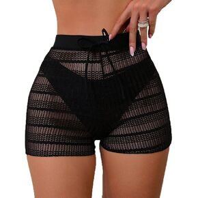 Leoparts Women's Hollow Out Cover Up Shorts High Waisted Semi Sheer Tie Front Cover Up Bottoms (Panty not Included)