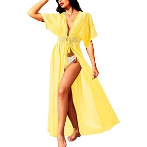 Women's Long Swimsuit Coverup Beach Kimono Cover Up Lace Open Front Bikini with Drawstring
