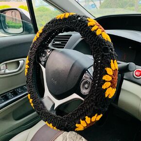 Handmade Crochet Steering Wheel Cover, Yellow Sunflower Black Flower Seat Belt Cover, Car Interior Accessories Decorations. (Steering Wheel Cover + 2 Seat Belt Cover)
