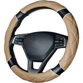 Steering Wheel Cover 15Inch Soft Microfiber Leather Fashion Anti-Slip Odorless Universal for Auto/Truck/SUV/Van (Beige-Black)