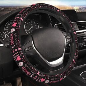 Pink Ribbon Breast Cancer Survivor Awareness Car Steering Wheel Cover, Universal Neoprene Soft Elastic Comfortable Accessories Decorative Decor Wheel Protector Case Auto 15 Inch Decorations for Women