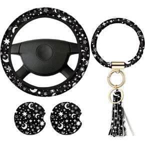 4 Pieces Black Moons White Stars Print Car Accessories Set Black Moons White Stars Steering Wheel Cover with 2 Pieces Car Cup Holder and Leather Keyring for Car Truck SUV (Vivid Pattern)