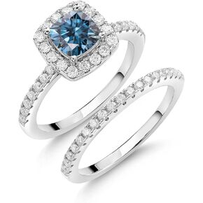 Gem Stone King 1.52 Cttw 6MM Cushion Persian Blue and White Moissanite Engagement Ring For Women | 925 Sterling Silver | Available In Size 5, 6, 7, 8, 9
