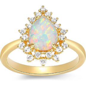 MORGAN & PAIGE 14K Gold-Plated Sterling Silver Opal Ring for Women - Hypoallergenic Jewelry for Her with Scalloped White Sapphire Halo - Size #7