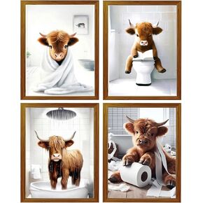 Highland Cow Bathroom Decor Wall Art,4 Pcs Bathroom Cow Pictures Wall Decor,Funny Cow Canvas Art Prints for Bathroom Wall Décor(8 x 10 Inch,Unframed)