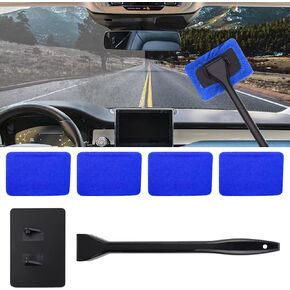Car Window Cleaner, Car Windshield Cleaner Tool, Windshield Cleaner Inside with Extendable Handle and 4PCS Washable Reusable Cloth Pad, Car Tools Universal Auto Wiper Cleaning