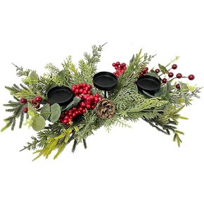 Christmas Candle Holder with 3 Candle Ring, Artificial Cypress Red Berry and Pine Cones, Table Centerpiecefor Festival Table Home Decoration