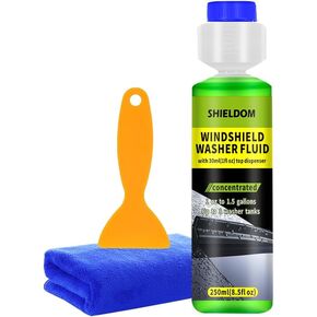 Windshield Washer Fluid Windshield Wiper Fluid 1:200 Concentrate Windscreen Cleaner Easily Remove Bug, Tar, Dirt & Grime Streak-Free Crystal-Clear Vision, with Spatula & Towel - 8.5oz/250ml