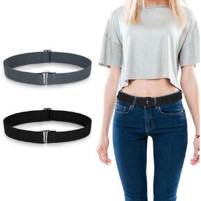 2 Pcs No Show Stretch Belt Women Wide Invisible Elastic Belts for Women Womens Elastic Belt with Flat Buckle for Women Ladies Jeans Pants Dresses