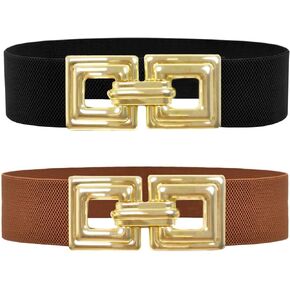 Women Stretchy Wide Belt Gold Square Buckle Elastic Vintage Waist Belts for Dresses