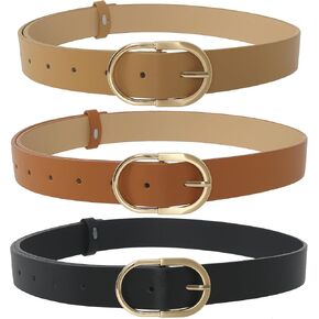 Sucrain 3 Pack Women's Leather Belts for Ladies Dresses Jeans Pants with Fashion Gold Buckle (Khaki, Camel, Black)