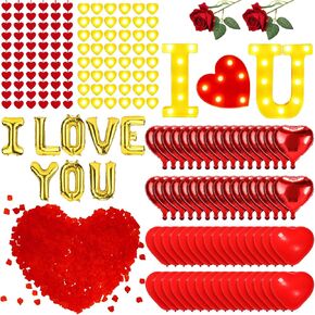 Happy Anniversary Valentines Day Decorations,Romantic Special Night Decorations for Bedroom Room Decor,Rose Petals and Candles Set,I Love You Sign Lights and Balloons,Felt Heart Strings Foil Balloons