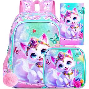 3Pcs Panda Backpack for Girls, 16" Kids School Backpacks with Lunch Box, Bookbag for Elementary Preschool Kindergarten(Pink)