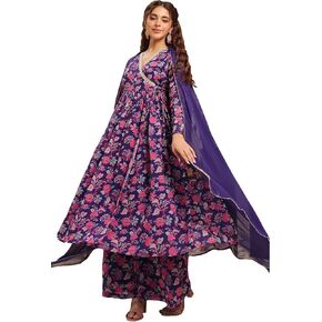 Janasya Indian Women's Purple Georgette Floral Printed Angrakha Kurta Set