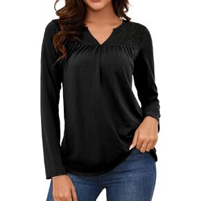 LOMON Women's Casual Shirred V Neck Tops Smocked Long Sleeve Shirts for Women Fall Loose Pleated Tunic Blouses
