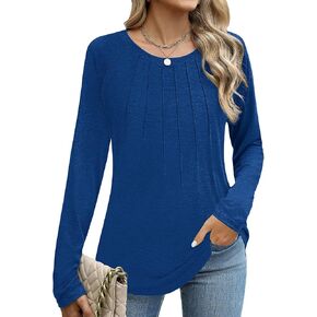 Elesomo Womens Tops Long Sleeve Shirt Pleated Crew Neck Casual Loose Fall Tunics