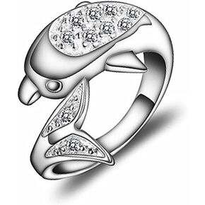 Cute Dolphin Open Wrap Finger Band Cubic Zirconia Crystal Adjustable Fish Animal Stacking Statement Rings Wedding Promise Ring Bands Dainty Jewlery Gifts for Women Teen Girls Daughter