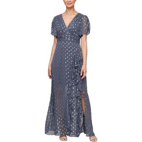 S.L. Fashions Women's Short Sleeve Long Maxi Dress with Ruched Waist, Spring/Summer Party Gown, Wedding Guest