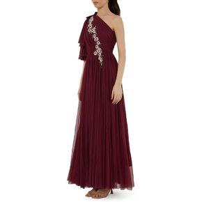 Women's Embroidered One-Shoulder Gown–Formal Dress with Floral Details & Ruffles