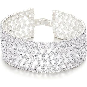 COOLSTEELANDBEYOND Sparkling Weaved Wavy Rhinestones Pave Cluster Wide Bangle Bracelet