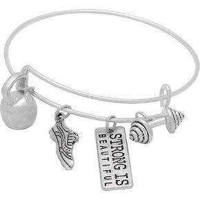 Art Attack Strong Is Beautiful Workout Gym Expandable Bracelet, Barbell Dumbbell Weight Exercise Victorious Brave Smart Wonderful Pendant Charm (Silver)