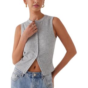 Cioatin Women Basic Button Up Down Open Front Ribbed Crop Tank Tops Sleeveless Slim Fit High Neck Going Out Vest Workout