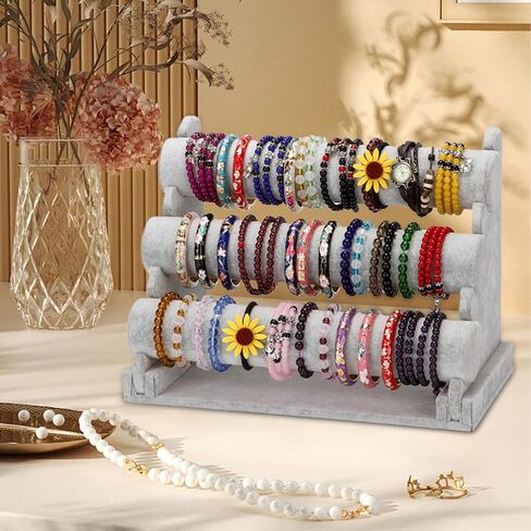 LuiceABC Bracelet Display Stand, 3 Tiers Black Velvet Soft T Bar Bracelet Holder Jewelry Watch Tower Organizer (Grey) in Kuwait