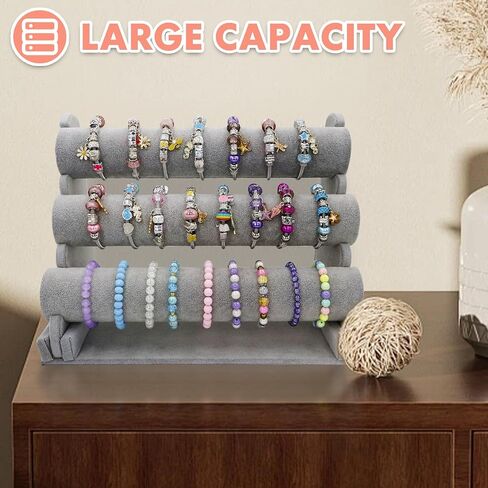 LuiceABC Bracelet Display Stand, 3 Tiers Black Velvet Soft T Bar Bracelet Holder Jewelry Watch Tower Organizer (Grey) in Kuwait