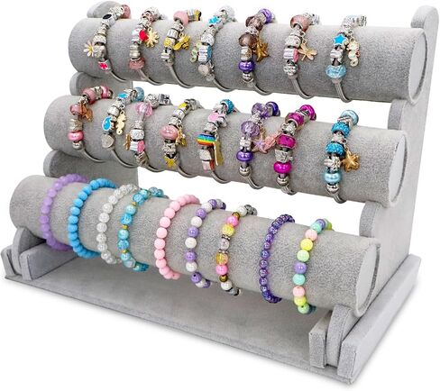 LuiceABC Bracelet Display Stand, 3 Tiers Black Velvet Soft T Bar Bracelet Holder Jewelry Watch Tower Organizer (Grey) in Kuwait