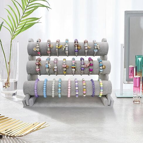 LuiceABC Bracelet Display Stand, 3 Tiers Black Velvet Soft T Bar Bracelet Holder Jewelry Watch Tower Organizer (Grey) in Kuwait