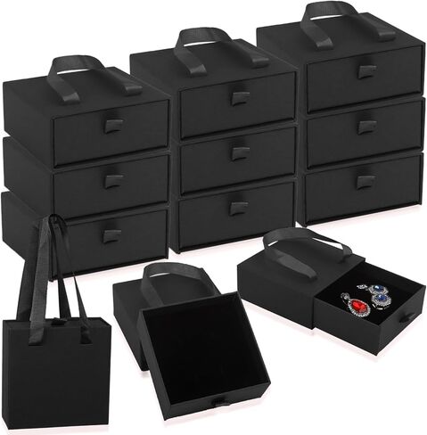 صندوق هدايا مجوهرات فاخر من Nsmykhg، 12 عبوة منظم مجوهرات مبطن بالمخمل، صندوق مجوهرات ذو درج صغير للأقراط والخواتم، 2 في 1 نمط درج صندوق هدايا مجوهرات مع حبل مقبض، 8.3 × 1.8 × 1.4 بوصة (أسود) in Kuwait