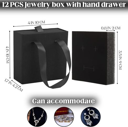 صندوق هدايا مجوهرات فاخر من Nsmykhg، 12 عبوة منظم مجوهرات مبطن بالمخمل، صندوق مجوهرات ذو درج صغير للأقراط والخواتم، 2 في 1 نمط درج صندوق هدايا مجوهرات مع حبل مقبض، 8.3 × 1.8 × 1.4 بوصة (أسود) in Kuwait