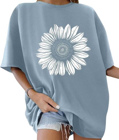 ORANDESIGNE Women’s Oversized Graphic Print Short Sleeve Tunic Tops Crew Neck Casual Drop Shoulder T Shirts in Saudi Arabia