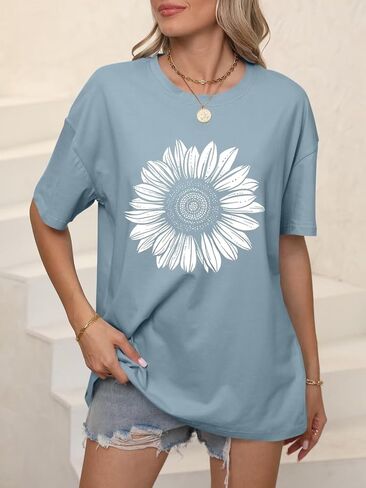 ORANDESIGNE Women’s Oversized Graphic Print Short Sleeve Tunic Tops Crew Neck Casual Drop Shoulder T Shirts in Saudi Arabia