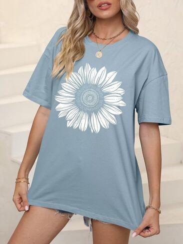 ORANDESIGNE Women’s Oversized Graphic Print Short Sleeve Tunic Tops Crew Neck Casual Drop Shoulder T Shirts in Saudi Arabia