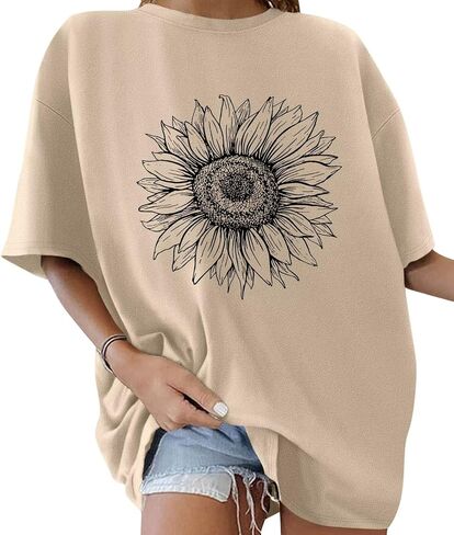 ORANDESIGNE Women’s Oversized Graphic Print Short Sleeve Tunic Tops Crew Neck Casual Drop Shoulder T Shirts in Saudi Arabia