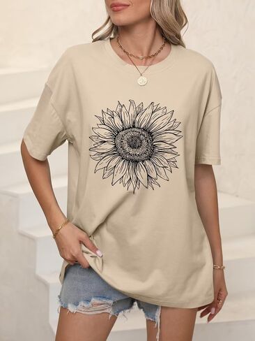 ORANDESIGNE Women’s Oversized Graphic Print Short Sleeve Tunic Tops Crew Neck Casual Drop Shoulder T Shirts in Saudi Arabia