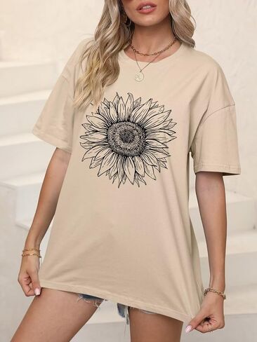 ORANDESIGNE Women’s Oversized Graphic Print Short Sleeve Tunic Tops Crew Neck Casual Drop Shoulder T Shirts in Saudi Arabia