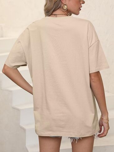 ORANDESIGNE Women’s Oversized Graphic Print Short Sleeve Tunic Tops Crew Neck Casual Drop Shoulder T Shirts in Kuwait