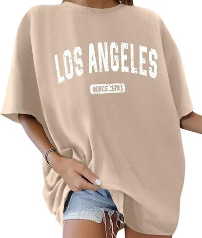 ORANDESIGNE Women’s Oversized Graphic Print Short Sleeve Tunic Tops Crew Neck Casual Drop Shoulder T Shirts in Kuwait