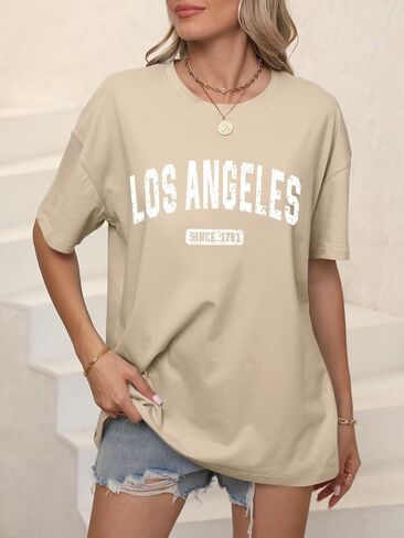 ORANDESIGNE Women’s Oversized Graphic Print Short Sleeve Tunic Tops Crew Neck Casual Drop Shoulder T Shirts in Kuwait