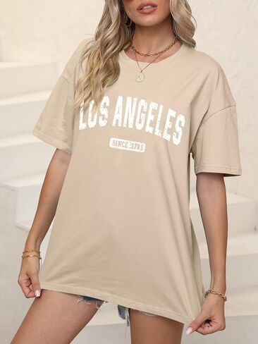 ORANDESIGNE Women’s Oversized Graphic Print Short Sleeve Tunic Tops Crew Neck Casual Drop Shoulder T Shirts in Kuwait