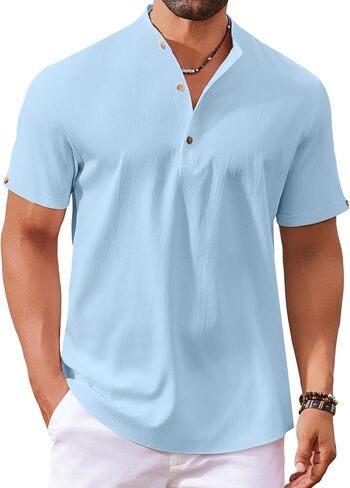 COOFANDY Men's Casual Henley Shirts Short Sleeve Summer Beach T-Shirts Banded Collar Henleys Button Tee Shirt in Saudi Arabia