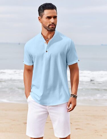 COOFANDY Men's Casual Henley Shirts Short Sleeve Summer Beach T-Shirts Banded Collar Henleys Button Tee Shirt in Saudi Arabia