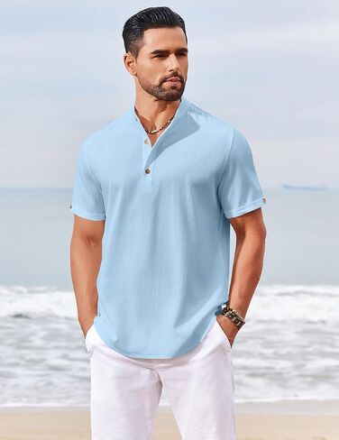 COOFANDY Men's Casual Henley Shirts Short Sleeve Summer Beach T-Shirts Banded Collar Henleys Button Tee Shirt in Saudi Arabia