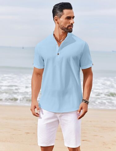 COOFANDY Men's Casual Henley Shirts Short Sleeve Summer Beach T-Shirts Banded Collar Henleys Button Tee Shirt in Saudi Arabia