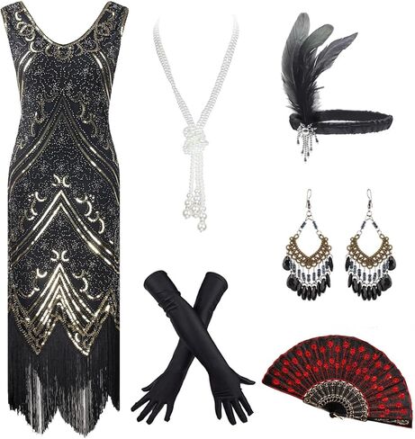 1920s Inspired Fringe Gatsby Flapper Midi Party Dress with Accessories Set in Saudi Arabia