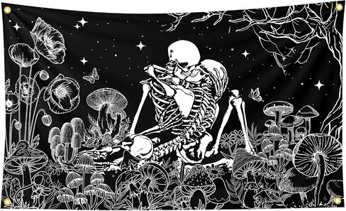 Black And White Couple Skeletons Kiss Plants And Flowers Under The Tree Art Tapestry 3×5FT Bedroom Wall Art Tapestry For Family Dormitory Living Room in Saudi Arabia