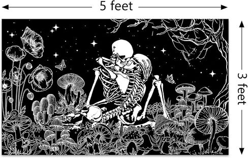 Black And White Couple Skeletons Kiss Plants And Flowers Under The Tree Art Tapestry 3×5FT Bedroom Wall Art Tapestry For Family Dormitory Living Room in Saudi Arabia
